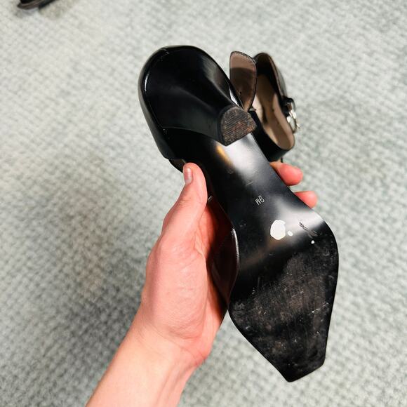 Vintage Y2K Black Leather Ankle Strappy Kitten Heel Square Toe Mule Pointed 9 - Picture 4 of 4